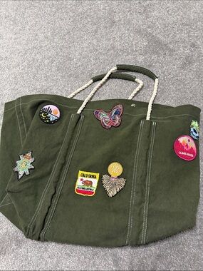 Free People Olive Green Canvas Tote with Embroidered Patch Accents